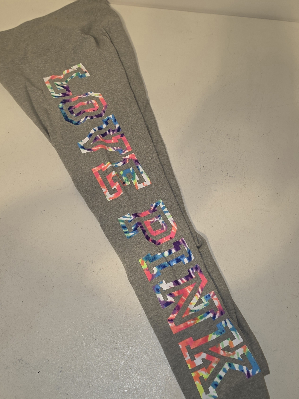 PINK Victoria's Secret Gray Leggings with Multicolor Lettering